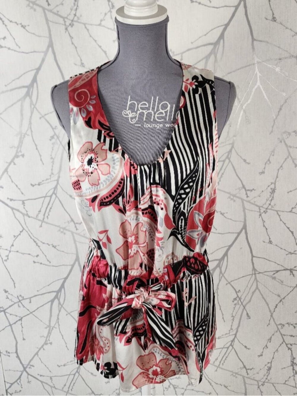 Arianne Pink Artsy Floral Silk Stretch Satin Tie Waist Tank